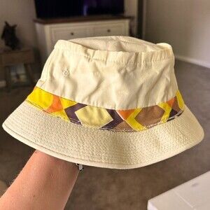 Vintage EASY-TO-ROLL Yellow Abstract Geometric Band Crushable Bucket Hat Retro